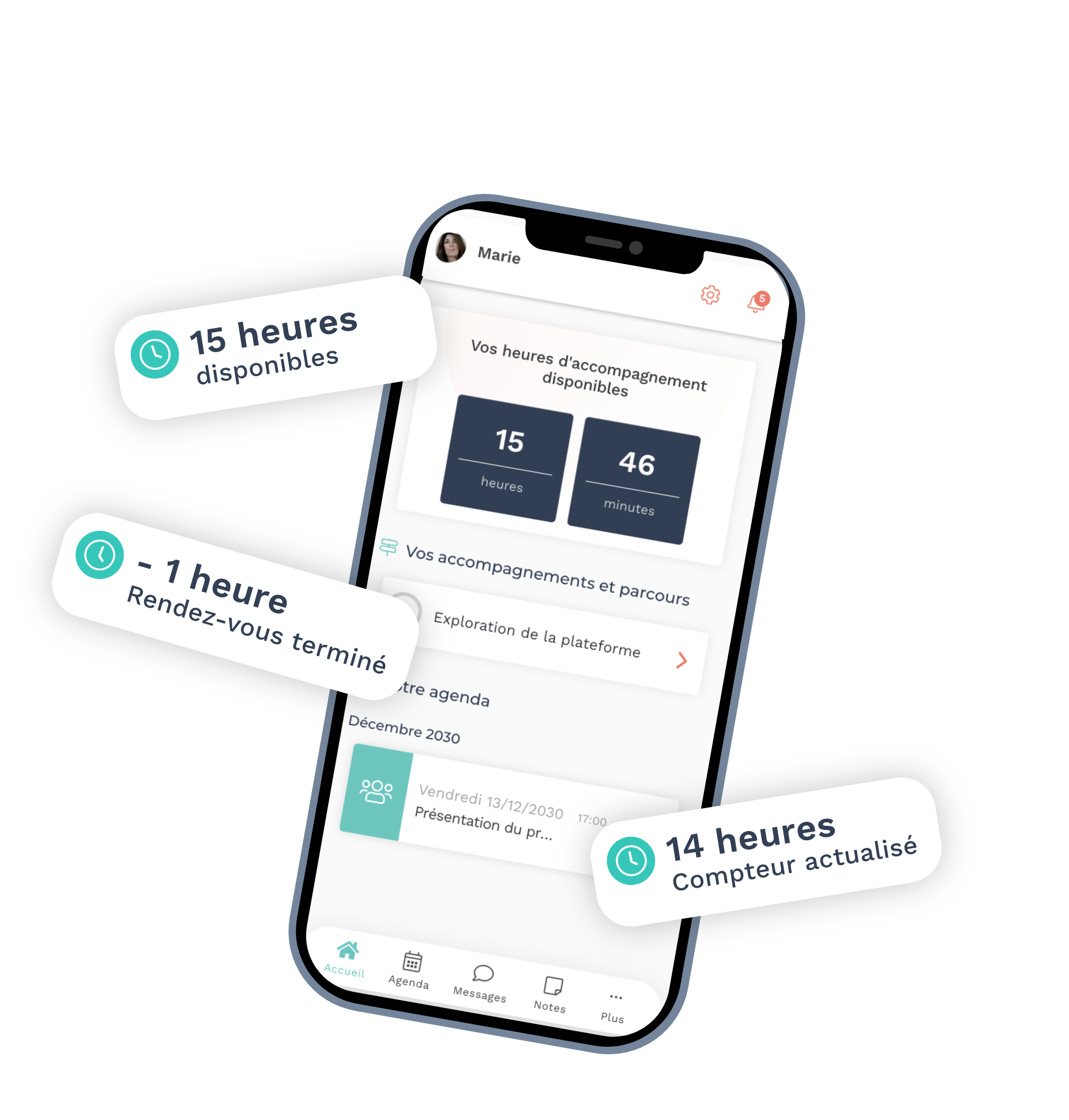 Application mobile Teasio affichant le compteur d'heures disponibles et consommées pour un bénéficiaire