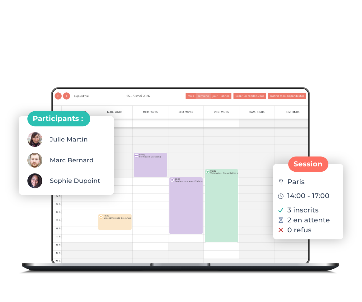 Calendrier Teasio sur ordinateur portable avec planification de sessions présentiel, participants et détails d'une session