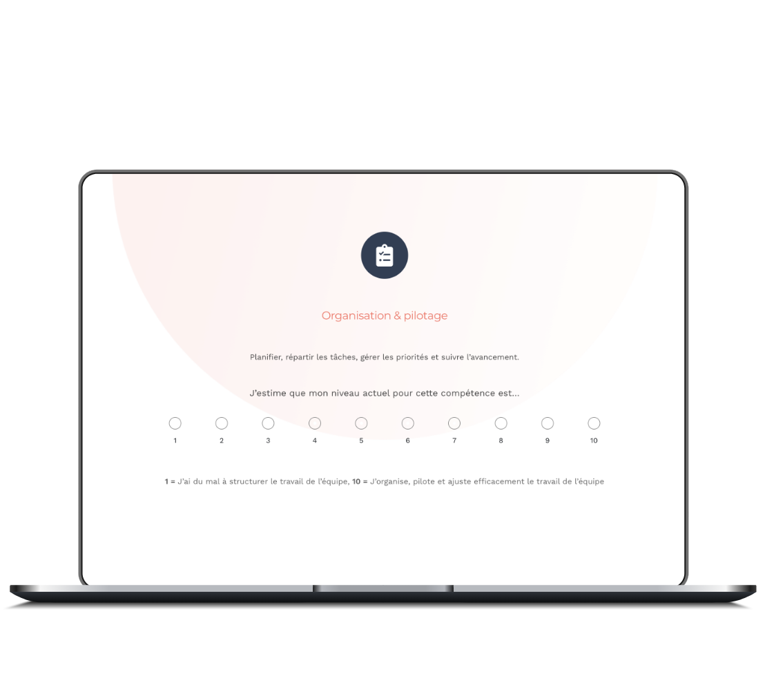 Interface d'évaluation de compétences Teasio sur ordinateur avec échelle de notation