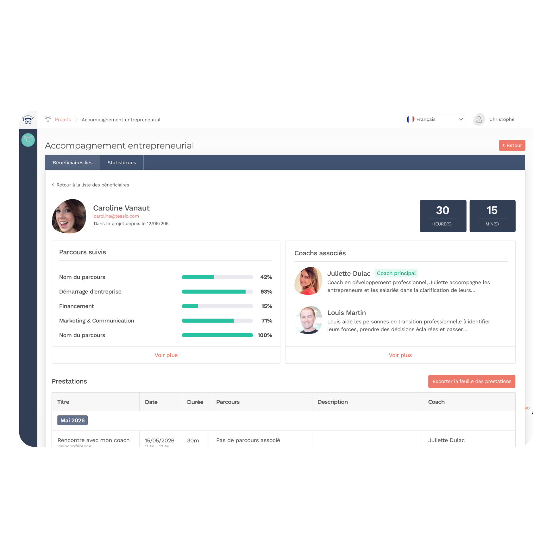 Tableau de bord Teasio — suivi multi-consultants et reporting temps réel pour cabinets de coaching et RH