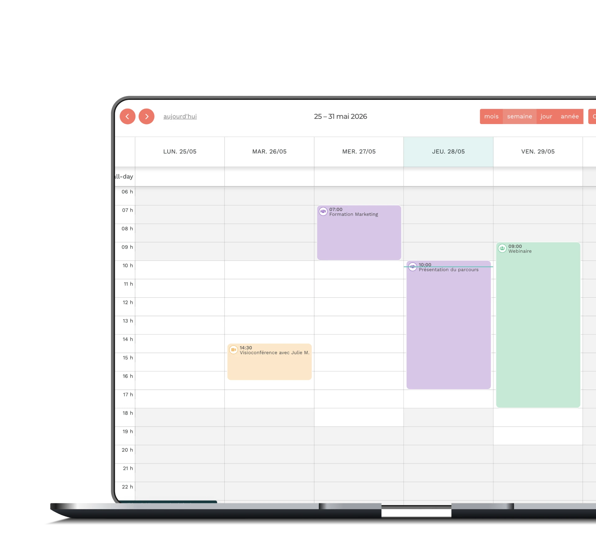 Vue calendrier hebdomadaire Teasio sur ordinateur portable avec séances, visioconférence et webinaire planifiés