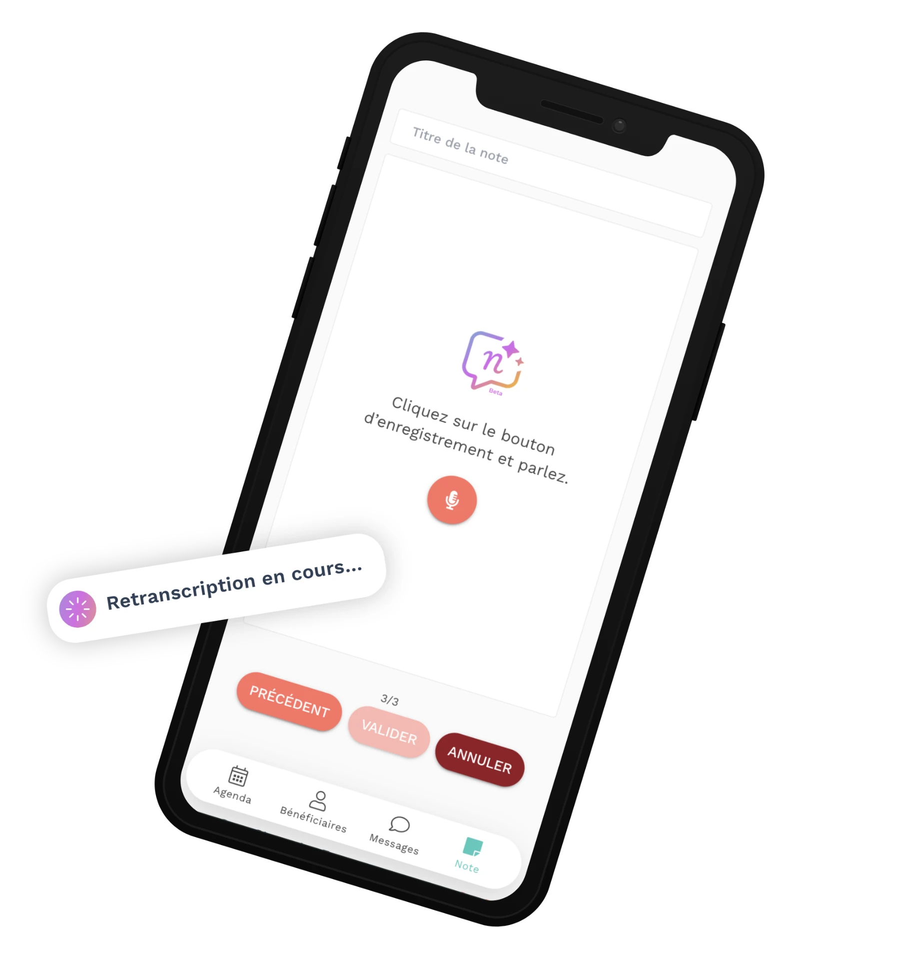 Application mobile Teasio avec transcription IA en cours et prise de notes vocale pour une séance de coaching