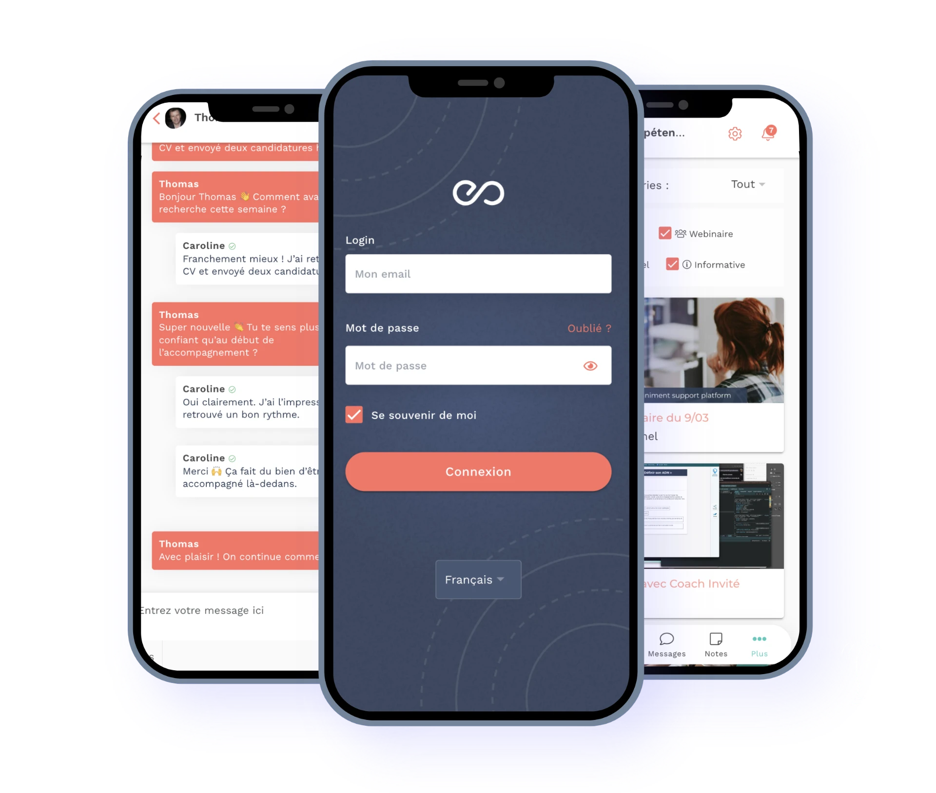 Application mobile Teasio sur trois écrans : messagerie avec le coach, connexion et bibliothèque de ressources