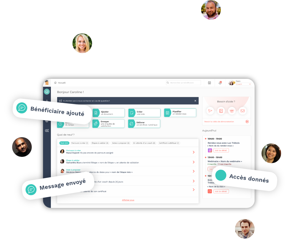 Tableau de bord gestionnaire centralisé des coachs et accompagnants sur Teasio