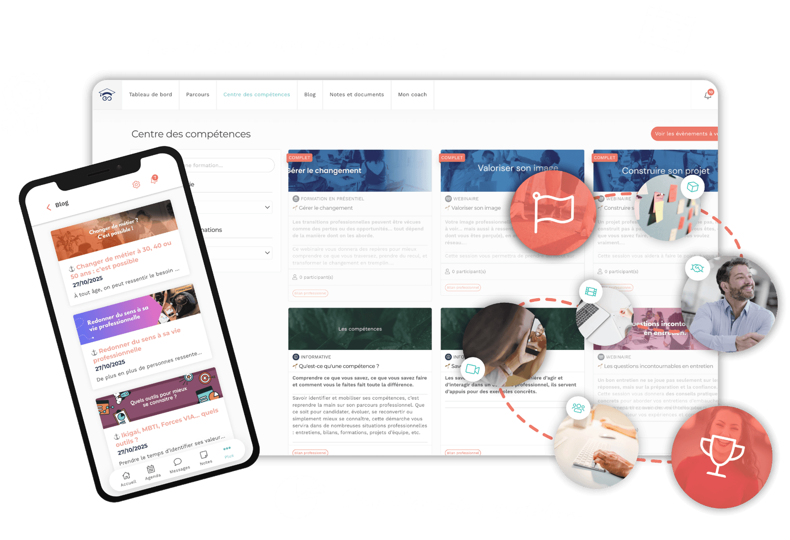 Aperçu de l'interface Teasio : centre des compétences, application mobile et fonctionnalités clés